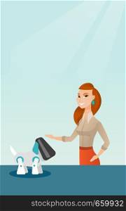 Happy young caucasian woman playing with a robotic dog. Woman standing near the table with a cyber dog on it. Woman stroking a robotic dog. Vector cartoon illustration. Vertical layout.. Young caucasian woman playing with robotic dog.