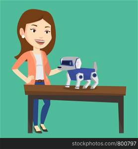 Happy young caucasian woman playing with a robotic dog. Smiling woman standing near the table with a cyber dog on it. Woman stroking a robotic dog. Vector flat design illustration. Square layout.. Happy young woman playing with robotic dog.