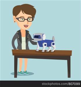 Happy young caucasian woman playing with a robotic dog. Woman standing next to the table with a cyber dog on it. Woman stroking a robotic dog. Vector cartoon illustration. Square layout.. Young caucasian woman playing with a robotic dog.