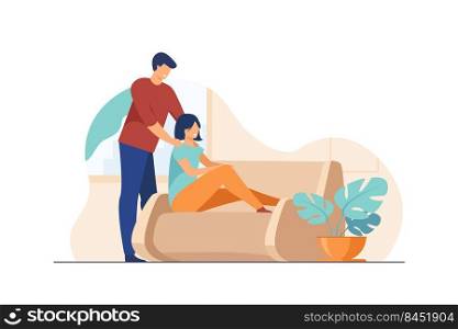 Happy young couple at home. Cheerful guy massaging shoulders of his girlfriend flat vector illustration. Relationship, comfort, relaxing concept for banner, website design or landing web page