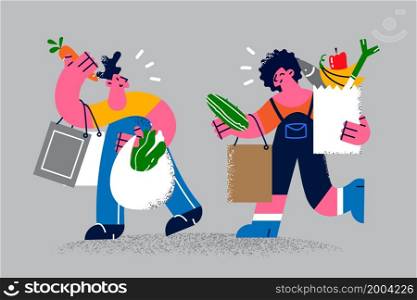 Happy young couple carry packages grocery shopping on market together. Smiling man and woman follow healthy lifestyle, buy vegetable fruit. Nutrition and diet concept. Flat vector illustration. . Happy couple buy healthy products doing grocery shopping