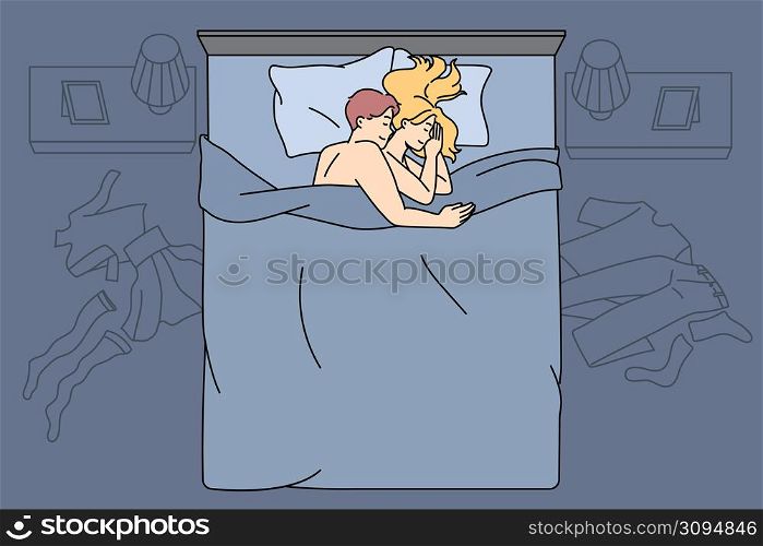 Happy young couple cuddle embrace in bed after sex. Happy man and woman hug relax in bedroom after love making. Sexual intimate life, relationships concept. Flat vector illustration. . Happy couple cuddle in bed after sex