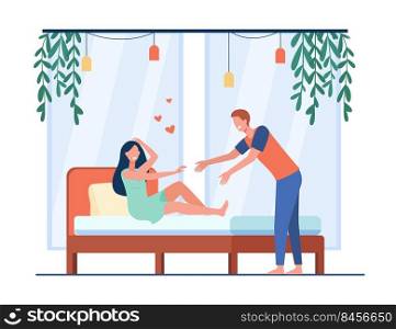 Happy young couple flirting at bedroom. Bed, heart, honeymoon flat vector illustration. Relationship and love concept for banner, website design or landing web page