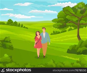 Happy young couple guy and girl walking at nature. In love people spend leisure time together outdoors. Young man and woman holding hands and walk at green meadow. Cartoon vector illustration. Happy young couple hugging and walking at nature at green hills, spend leisure time together at date