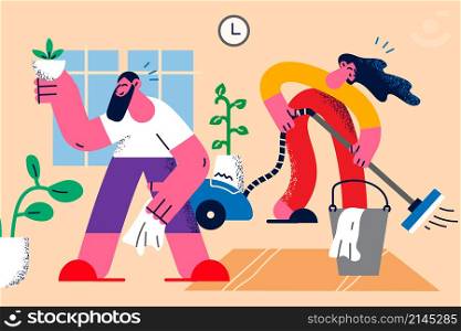 Happy young couple have fun do home chores together. Smiling man and woman clean house on weekend. Loving husband and wife tidy wash apartment. Housekeeping. Vector illustration. . Happy couple do household chores together