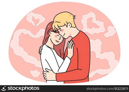 Happy young couple hugging cuddling on heart symbol background. Smiling man and woman embrace share intimate close tender moment together. Love and relationship. Vector illustration.. Happy couple hug show love and affection