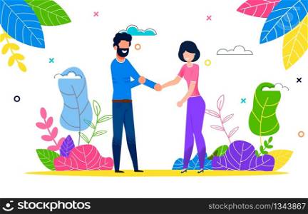 Happy Young Couple in Love Man and Woman on Walk. Husband and Wife Walking in Open Air on Hot Summer Day. Family Weekend Walk Among Plants. Active Family Vacation. Green Crime Plants in City