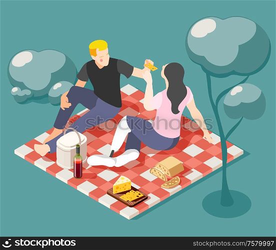 Happy young couple of lovers having picnic on nature isometric background vector illustration