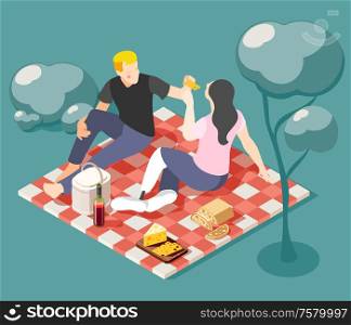 Happy young couple of lovers having picnic on nature isometric background vector illustration