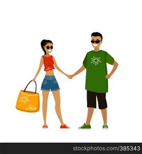 Happy young couple of people holding hands,cute cartoon vector illustration. Happy young couple of people holding hands,