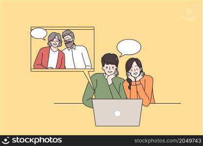 Happy young couple talk speak on video call on computer with old parents. Smiling man and woman have webcam digital virtual communication on laptop with aged relatives. Flat vector illustration. . Happy couple talk on video call with parents