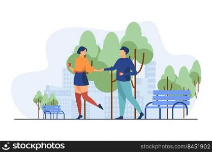 Happy young couple walking outside. Takeaway coffee, park, summer flat vector illustration. Love, dating, romance concept for banner, website design or landing web page