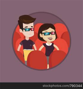 Happy young couple watching 3D movie in the theatre. Smiling caucasian friends wearing 3d glasses watching movie in the cinema. Vector flat design illustration in the circle isolated on background.. Happy couple watching 3D movie in the theatre.