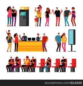 Happy young couples in 3d movie theater. Cartoon people vector characters set isolated. Cinema movie with viewer character illustration. Happy young couples in 3d movie theater. Cartoon people vector characters set isolated