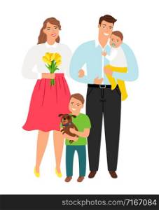 Happy young family. Cartoon parent mother and father, smiling kids and dog vector illustration. Happy young family