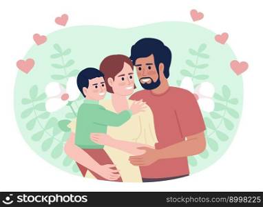 Happy young family flat concept vector spot illustration. Editable 2D cartoon characters on white for web design. Parents with toddler hugging creative idea for website, mobile, magazine. Happy young family flat concept vector spot illustration