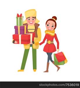 Happy young family getting ready to Xmas eve. Man and woman with bags isolated vector. Merry Christmas, couple returns from shopping with packages. Happy Young Family Getting Ready to Xmas Eve