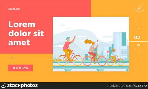 Happy young family riding on bikes at park flat vector illustration. Cycling along road near the water with city on background. Summer activity and healthy lifestyle concept.