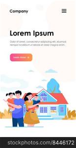 Happy young family standing in front of house flat vector illustration. Cartoon mother, father and kids being outside together. Togetherness, love, home and happiness concept