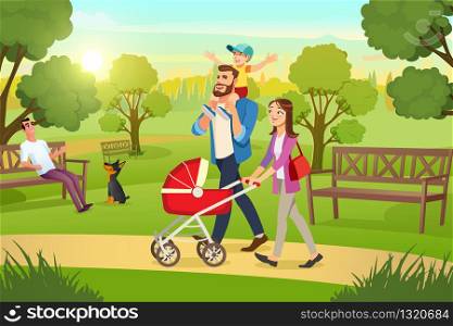 Happy Young Family Strolling in City Park at Sunny, Summer Day Cartoon Vector. Mother Walking with Red Pram, Father Riding Son on Shoulders Illustration. Millennial Parents Spending Time with Children
