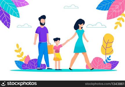 Happy Young Family Strolls Around Summer Hot Day. Smiling Mother Holds Hand her Daughter Walking in Park Among Plants. Bearded Man Holds in his Hand Paper Bag. Active Family Weekend
