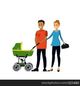 Happy young family with a baby carriage,isolated on white background, vector illustration. Happy young family with a baby carriage