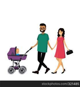 Happy young family with a baby carriage walking.Isolated on white background, cartoon vector illustration. Happy young family with a baby carriage walking