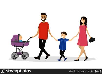 Happy young family with a baby carriage walking.Isolated on white background, cartoon vector illustration.. Happy young family with a baby carriage walking.