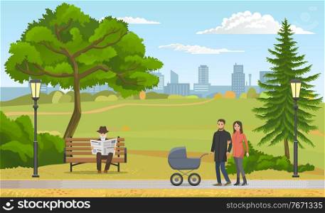 Happy young family with a baby in stroller walking in park concept flat vector illustration. Young parents on a walk in autumn. People are warmly dressed, dad rolls a stroller, mom holds his hand. Happy young family with a baby in stroller walking in city park. Young parents on a walk in autumn