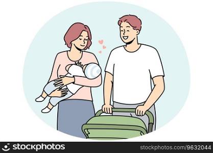 Happy young family with baby walking with stroller outdoors. Smiling parents with child in hands enjoying walk outside. Vector illustration.. Happy parents with infant walking outside