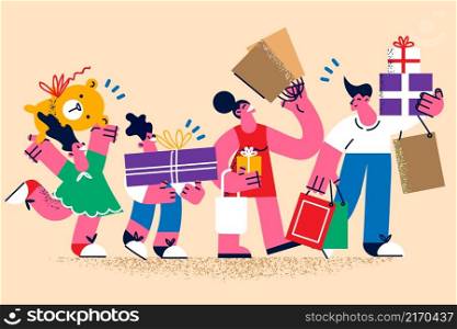Happy young family with children feel joyful shopping together before New Year or Christmas. Smiling parents and kids with packaging and bag buy on sale or discount. Vector illustration. . Happy family with kids have fun shopping on sale