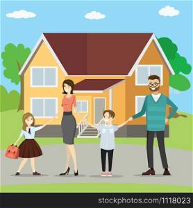 Happy young family with children,large family house in the background, cartoon vector illustration. Happy young family with children,large family house in the backg