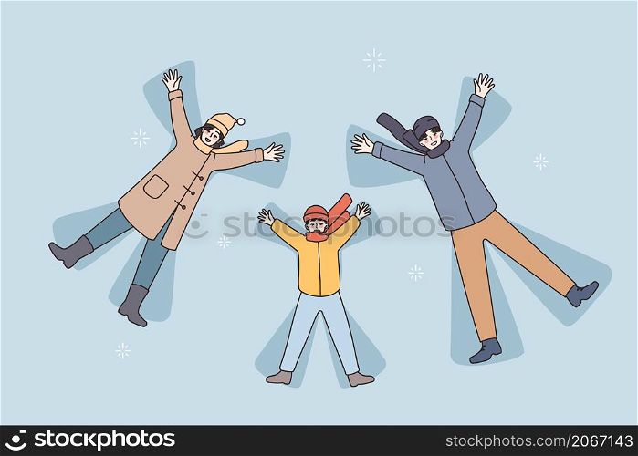 Happy young family with kid lying on ground play rest make snow angels together. Smiling parents have fun relax with kid enjoy winter holidays outdoors. Vacation concept. Vector illustration. . Happy family with kid make snow angels