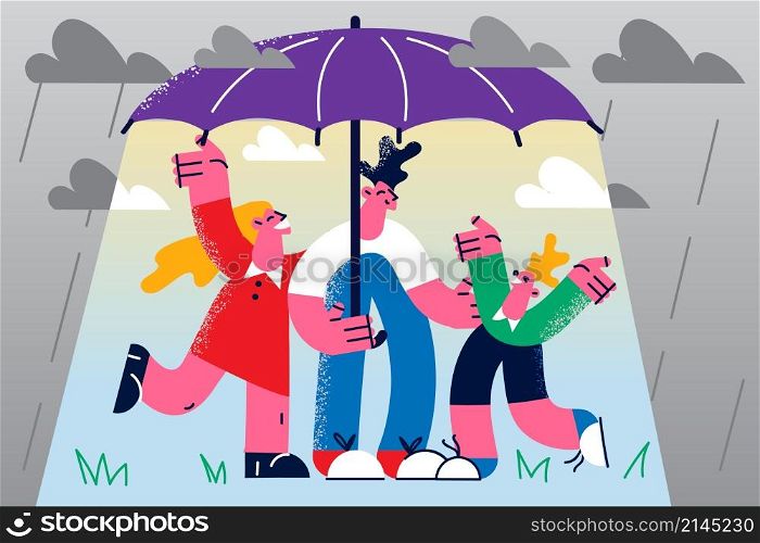 Happy young family with kid stand under umbrella feel sure in future stability and success. Parents with child protected from instability. Health and life insurance. Flat vector illustration. . Happy family with child stand under umbrella