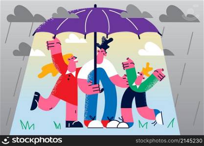 Happy young family with kid stand under umbrella feel sure in future stability and success. Parents with child protected from instability. Health and life insurance. Flat vector illustration. . Happy family with child stand under umbrella