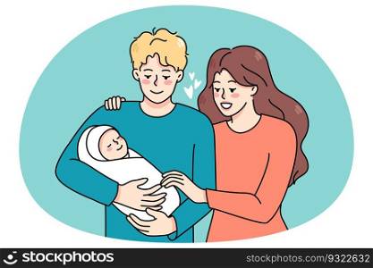 Happy young family with newborn baby enjoy parenthood together. Smiling parents hold in arms infant child show love and care. Fla vector illustration, cartoon character.. Happy family hold in arms newborn baby infant