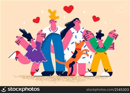 Happy young family with small children and dog feel overjoyed and pleased with life. Smiling parents with little kids and domestic puppy pet show love and care in relations. Vector illustration. . Happy family with children and dog feel overjoyed