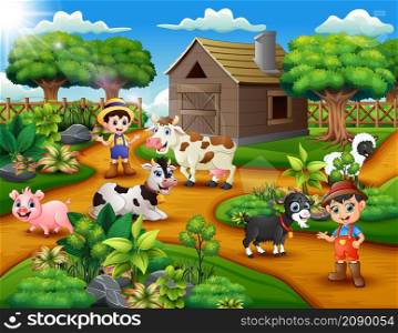 Happy young farmers activities with animals in farm