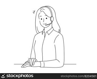 Happy young female call center agent with headset. Smiling woman operator in headphones with mic working in office talk with client. Vector illustration. . Happy woman operator in headset 