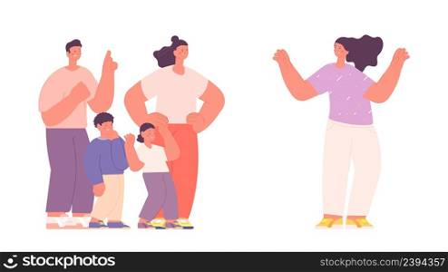Happy young girl and angry family group with children. Childfree character and dissatisfied parents. Self choice of lifestyle vector concept. Illustration of happy girl and young family angry. Happy young girl and angry family group with children. Childfree character and dissatisfied parents. Self choice of lifestyle vector concept