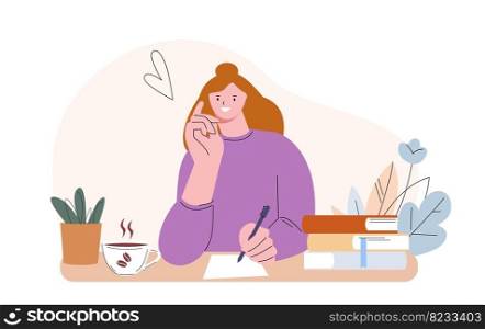 Happy young girl diary, bullet journal or letter. Woman in love writing, smile female character sitting at desk with pen and paper page. Student vector of diary woman, book and notebook illustration. Happy young girl write diary, bullet journal or letter. Woman in love writing, smile female character sitting at desk with pen and paper page. Student vector scene