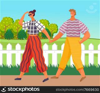 Happy young girl in sunglasses holding hands with her handsome boyfriend, in love people walking in the park on the road. Romantic couple walking together outdoors. Cute cartoon vector characters. Young happy in love couple walking in park holding hands, cute vector characters