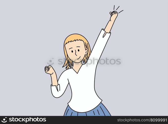 Happy young girl is happy to achieve success at work. The woman raises her fist up and shows that they are strong and independent. Vector illustration