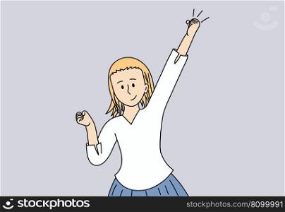 Happy young girl is happy to achieve success at work. The woman raises her fist up and shows that they are strong and independent. Vector illustration