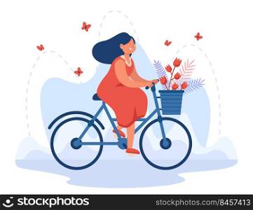 Happy young girl riding bicycle with bouquet in basket. Cute active woman sitting on bike flat vector illustration. Outdoor activity, healthy lifestyle concept for banner or landing web page