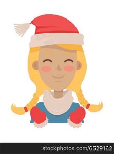 Happy Young Girl Wears Santa Claus Red Hat. Vector. Hat. Happy young girl wearing santa claus red hat. Smiling girl with flush on face and two braids. Red and white hat. Red mittens. Blue blouse. White background. Flat design. Vector illustration