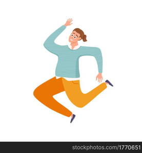 Happy young guy jumping in different poses vector illustration. Cartoon concept of joyful laughing man with raised hands. Flat positive boy lifestyle design for party, sport, dance, happiness, success. Happy young guy jumping in different poses vector illustration