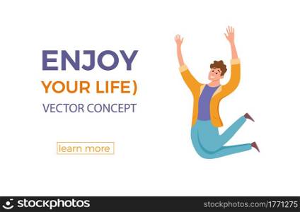 Happy young guy jumping in different poses vector illustration. Cartoon concept of joyful laughing man with raised hands. Flat positive boy lifestyle design for party, sport, dance, happiness, success. Happy young guy jumping in different poses vector illustration.