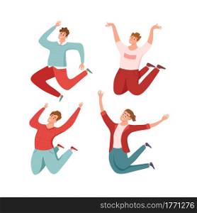 Happy young guys jumping in different poses vector illustration. Cartoon concept of joyful laughing men with raised hands. Flat positive boys lifestyle design for party, sport, dance, happiness, success. Happy young guy jumping in different poses vector illustration.