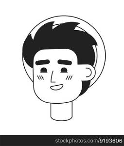 Happy young male traveler wearing hat monochromatic flat vector character head. Editable black white cartoon face emotion. Hand drawn lineart ink spot illustration for web graphic design, animation. Happy young male traveler wearing hat monochromatic flat vector character head